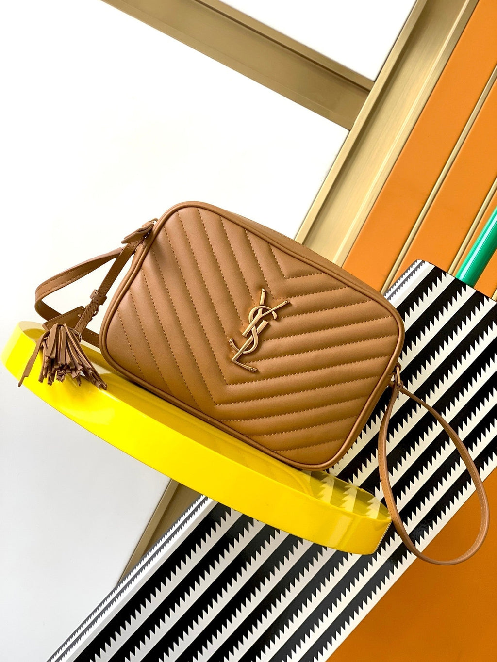 Lou Camera Bag in Tan Chevron Leather