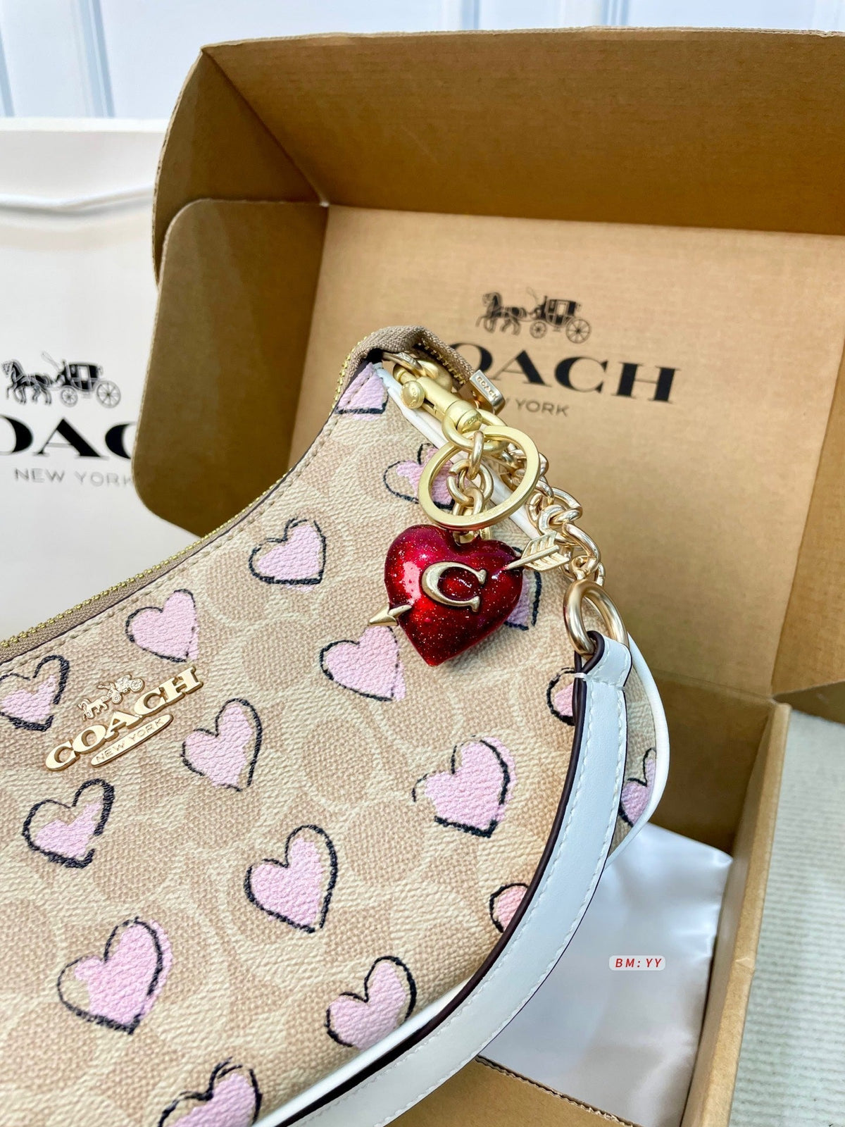 Heart Print Canvas Shoulder Bag 298079