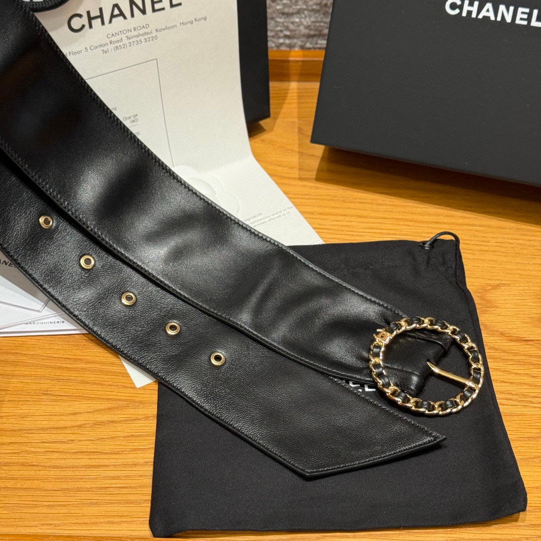 Wide Leather Women's Belt with Gold Chain-Link Buckle