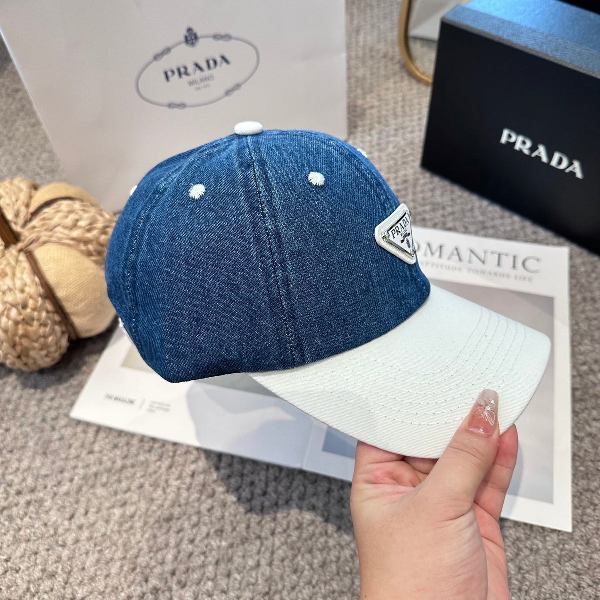 Two-Tone Denim Baseball Cap with Signature Geometric Logo Patch