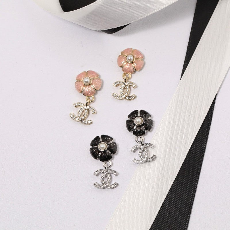 18K  Chanel Black & Pink Camellia Diamond Earrings