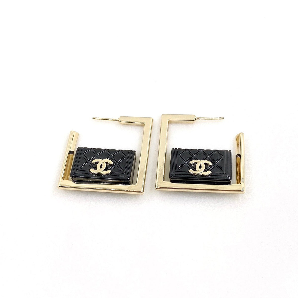 18K  Chanel Black Bag Pendant Earrings