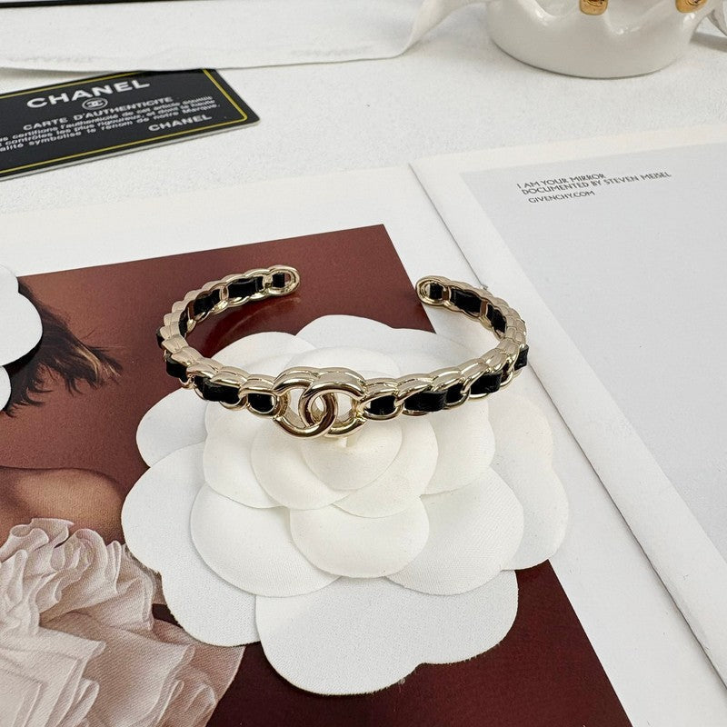 18K  Chanel Black Leather Cuff Bracelet