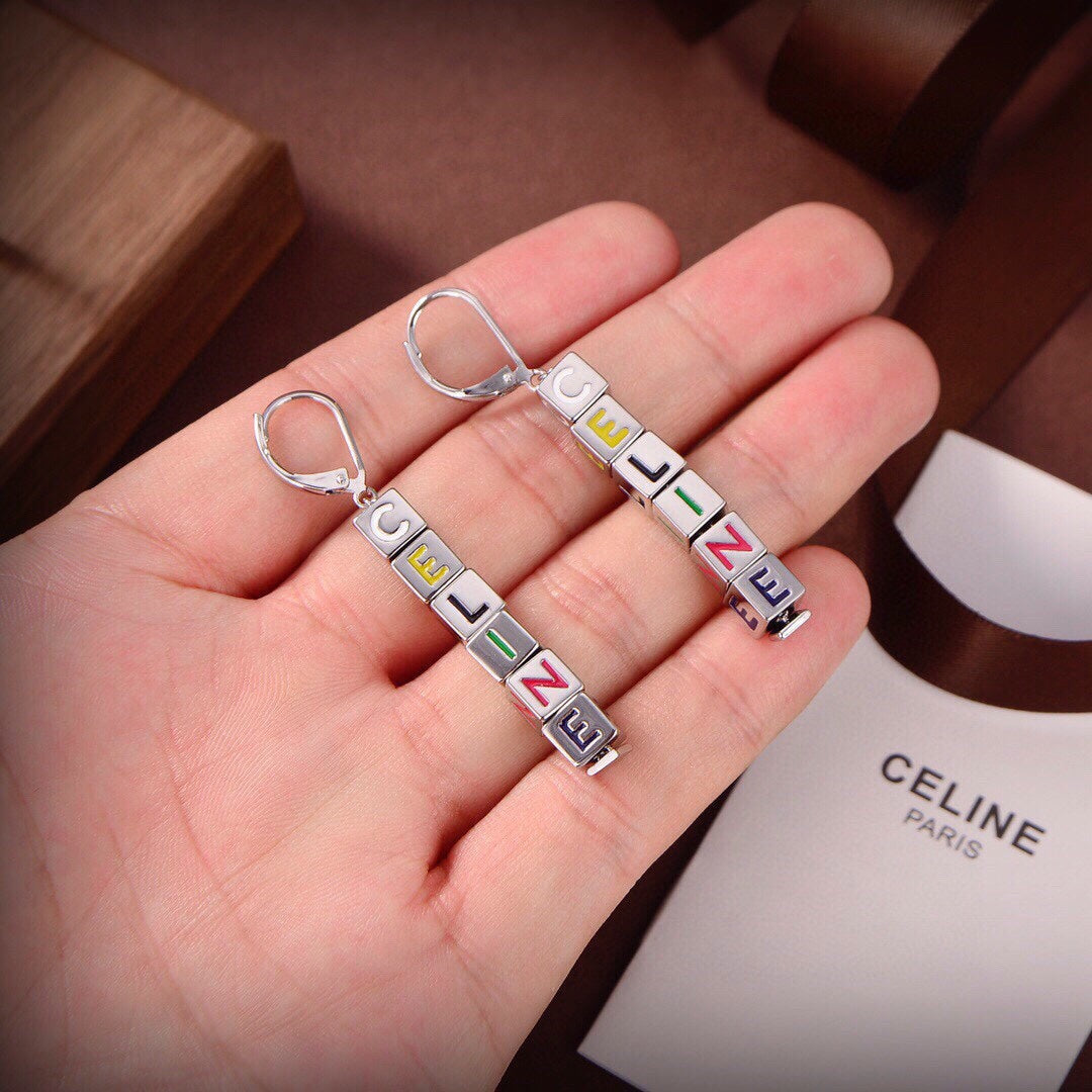 18K Celine Script Cube Earrings
