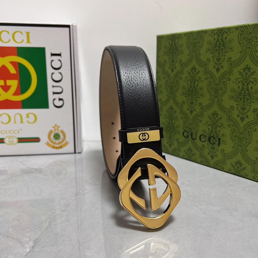Black Leather Belt with Gold G/G Buckle