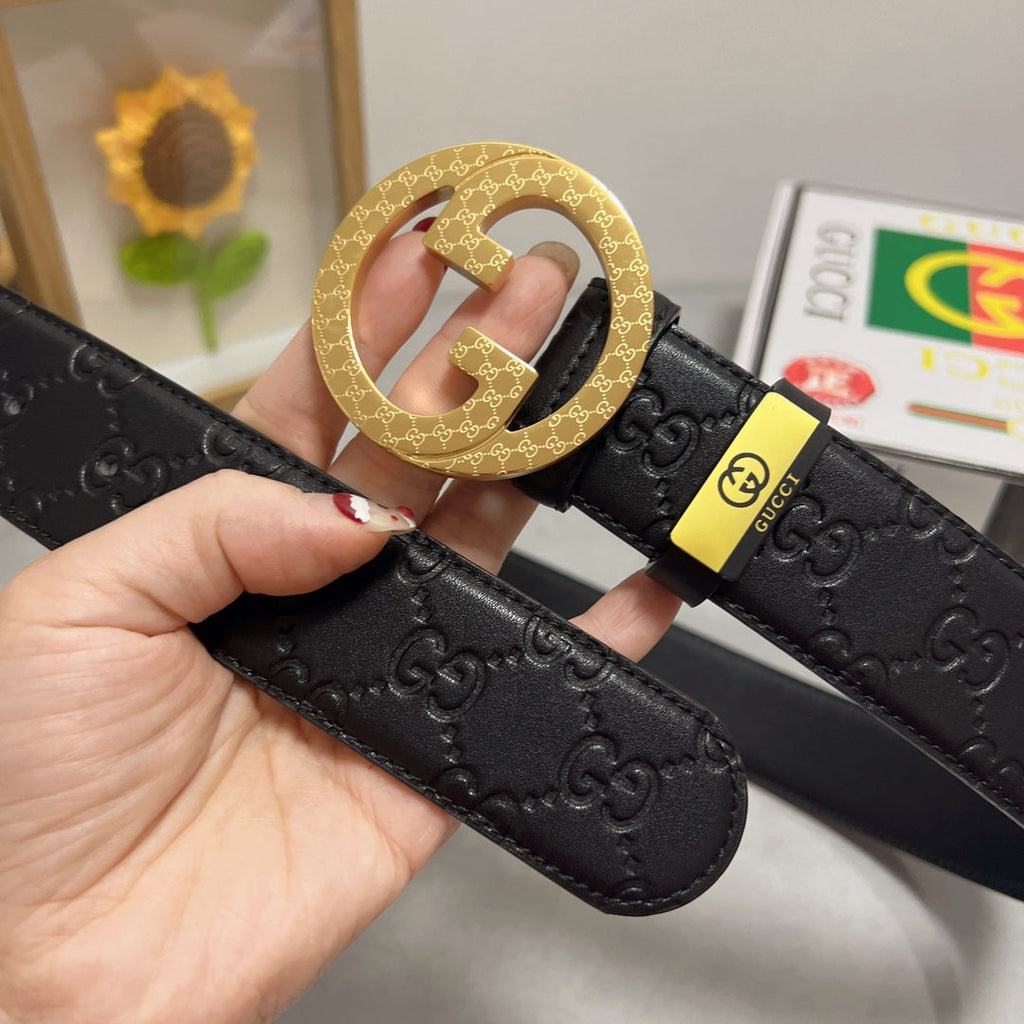 Black Leather Belt with Gold Buckle Width 3.8cm