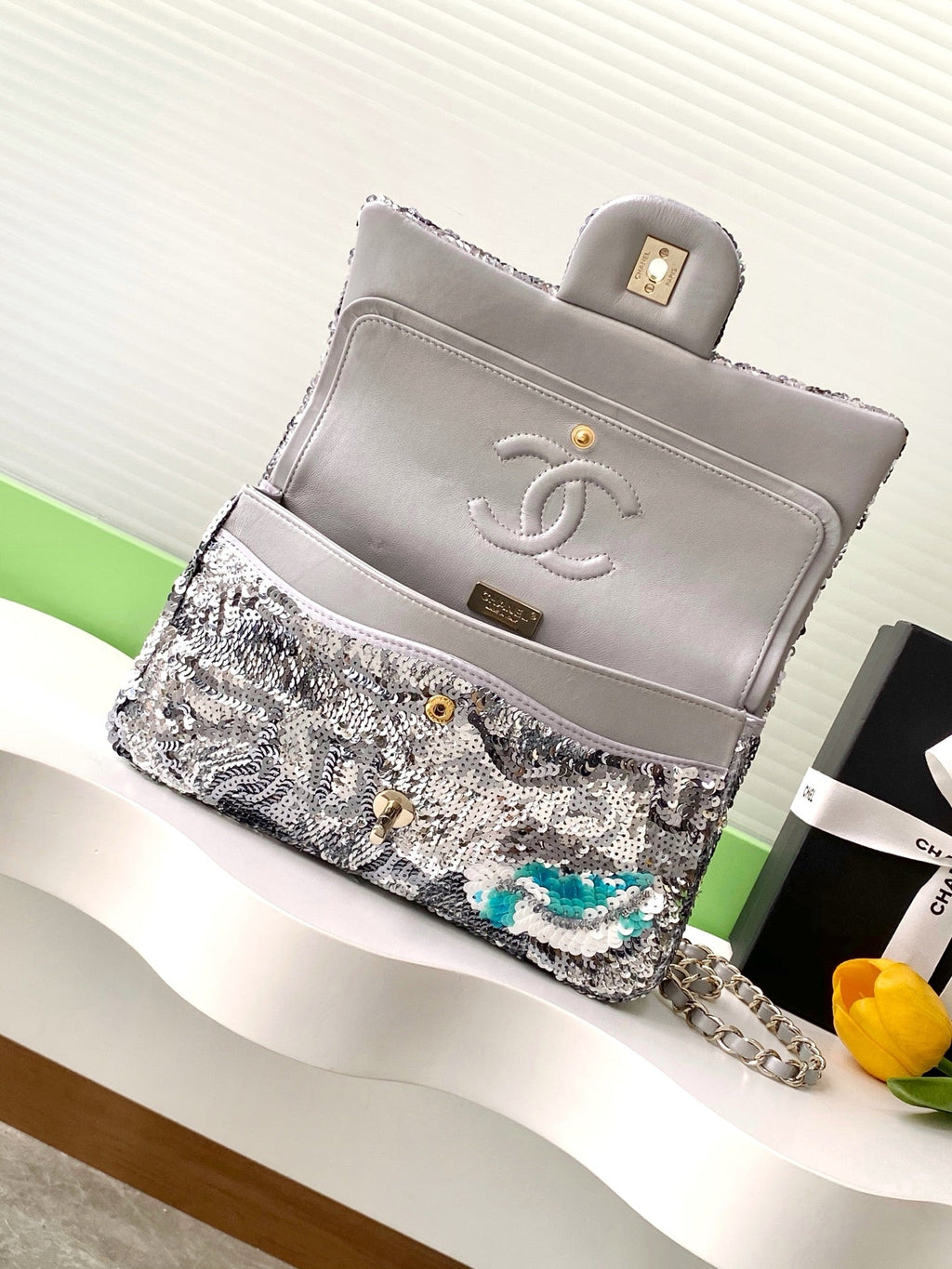 CC Sequin Embroidered Mini Flap Bag – Multicolor Silver